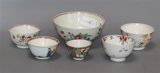 Five Chinese porcelain tea bowls and a slops bowl. largest diameter 14cm